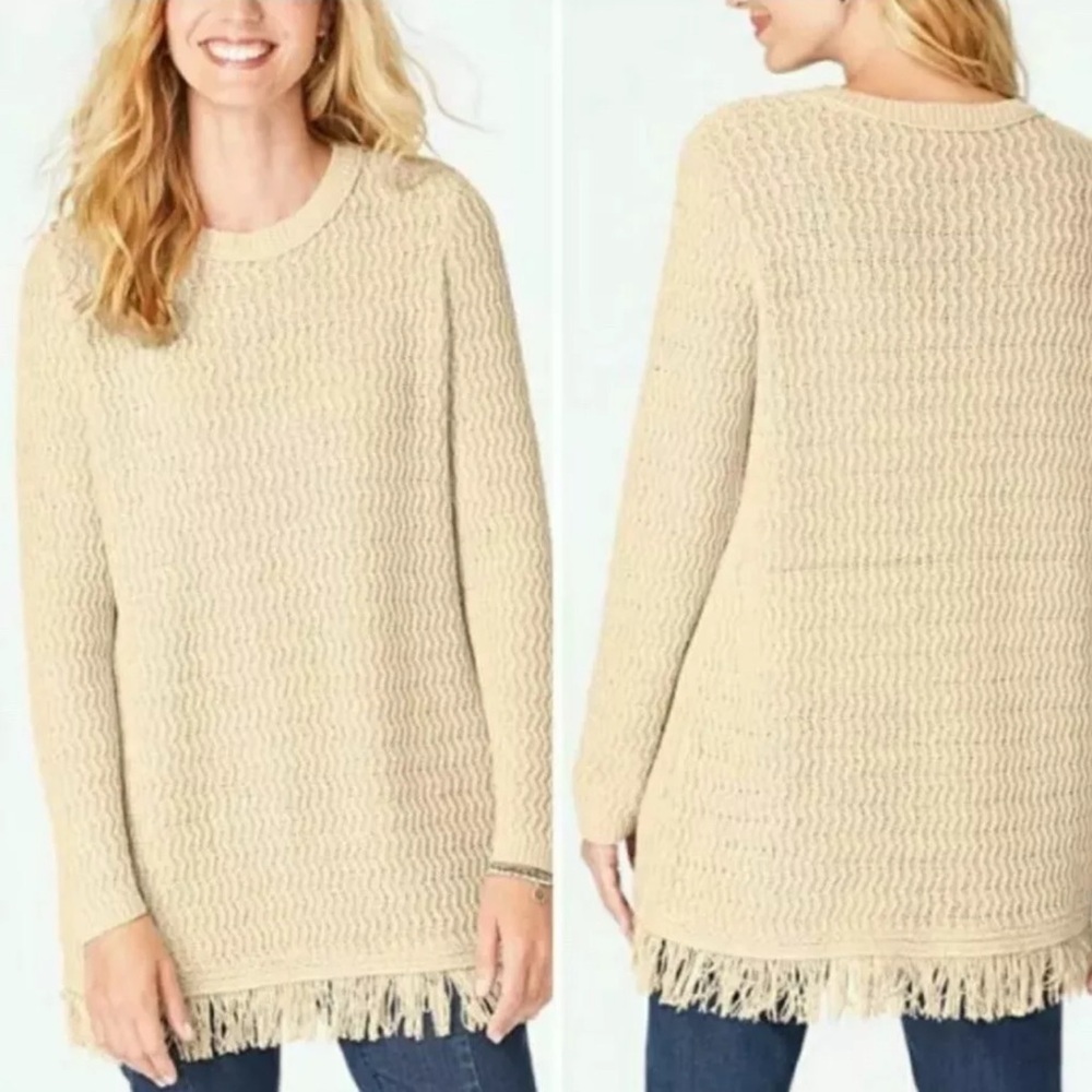 NWOT J. Jill Cream Crew Neck Ribbed Texture Sweater with Fringe Size M